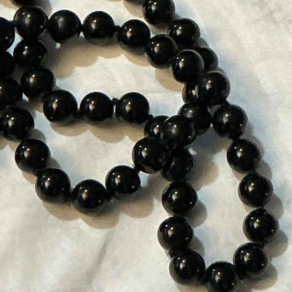 Vintage Monet 28” Black Bead Necklace Long Strand Gold Tone‎ Signed Classic